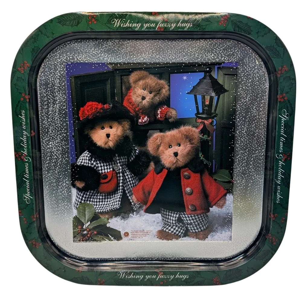 Boyds Bears Christmas Serving Tray Metal Wishing You‎ Fuzzy Hugs Vintage 90s SEE